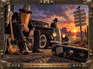 A rugged bearded rocker rests beside a weathered guitar and gleaming black hot rod on a desert highway at sunset. Fiery orange clouds, distant mesas, cacti, road signs, instrument cases, and metallic details create a tense, rebellious atmosphere. The photorealistic painting is enclosed by an ornate amplifier-inspired bronze and black frame.