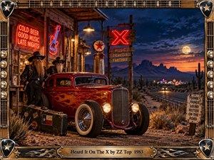 A moonlit Texas desert highway stretches past a weathered roadside music stop, where two bearded musicians stand beside a flame-painted hot rod. Warm neon reds and amber lamps contrast with the deep blue night, distant mountains, cacti, and glowing horizon. An ornate guitar-inspired frame completes the cinematic vintage scene.
