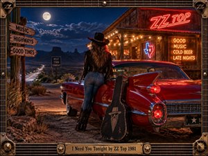 A moonlit Texas highway winds past a glowing roadside roadhouse where a lone woman leans against a polished red vintage car beside a weathered guitar case. Warm neon reds and amber lights contrast with the deep blue desert night, creating a romantic, restless mood framed by rugged guitar-inspired metalwork.
