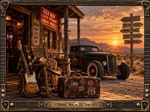 A weathered desert roadhouse glows beneath a fiery sunset, surrounded by rugged mountains, dusty scrub, and a vintage hot rod. A sunburst guitar, cowboy hat, worn suitcase, neon sign, and rustic timber textures create a warm, grateful blues-rock mood, framed by ornate guitar-inspired metalwork.