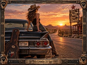 A woman in a cowboy hat rests against a vintage black car beside a weathered guitar case, watching a glowing desert highway at sunset. Warm amber light, rugged mesas, roadside signs, and distressed metal textures create a romantic Texas rock atmosphere, framed with amplifier-inspired hardware and engraved detailing.