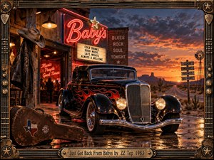 A gleaming black hot rod rests outside a rustic neon blues club at desert sunset, surrounded by wet pavement, cacti, a windmill, and distant mesas. Fiery orange clouds and warm signs create a restless homecoming mood, while guitar strings, amplifier hardware, weathered metal, and western details form an elaborate handcrafted frame.