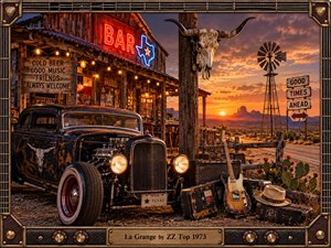 A weathered hot rod rests outside a rustic Texas roadhouse beneath glowing neon and a fiery desert sunset. A longhorn skull, windmill, electric guitar, amplifier, cactus, and dusty highway deepen the rugged blues-rock atmosphere. Warm amber lighting and richly textured photographic realism evoke swagger, heat, freedom, and vintage Americana.