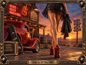 A confident woman in red heels strides along a glowing desert roadside beside a polished hot rod and rustic neon roadhouse. Fiery sunset light, weathered wood, guitars, road cases, and distant mesas create a seductive 1980s rock atmosphere, framed by intricate metallic guitar hardware and warm brass details.