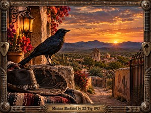 A glossy blackbird perches above a weathered sombrero and woven blanket, overlooking an adobe mission village at fiery sunset. Golden light washes rugged mountains, cactus gardens, iron gates, and vivid bougainvillea, creating a warm, mysterious Southwestern mood. An ornate guitar-inspired metal frame reinforces the handcrafted rock aesthetic.