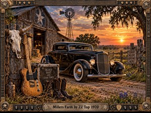 A weathered Texas farm glows beneath a fiery sunset, framing a polished black hot rod, rustic barn, windmill, guitar, cowboy boots, and longhorn skull. Warm amber light, dusty earth tones, aged wood, metal textures, and intricate musical framing create a rugged, nostalgic blues-rock atmosphere rich with rural character.