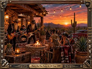 A lively desert patio party unfolds at sunset, where a bearded rock trio performs beside a glowing stone fire pit. Rustic timber, cacti, vintage cars, patterned textiles, and hanging lights create a warm Southwestern atmosphere. Rich orange skies and handcrafted guitar-themed framing give the scene energetic, nostalgic character.