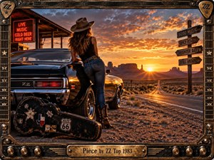 A lone cowgirl leans against a glossy black muscle car beside a desert highway at sunset, evoking rugged freedom and restless nostalgia. Fiery gold clouds illuminate distant mesas, a weathered guitar case, neon roadside shelter, and directional signs. An ornate amplifier-inspired metal frame reinforces the handcrafted blues-rock atmosphere.