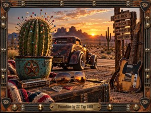 A pin-covered cactus dominates a rugged desert roadside at sunset, surrounded by a weathered hot rod, electric guitar, harmonica, sunglasses, and vintage travel case. Warm amber light, turquoise accents, distant mesas, and handcrafted metalwork create a playful, gritty blues-rock atmosphere framed with guitar strings and aged hardware.