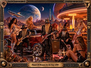 A futuristic desert lounge glows beneath enormous planets as three bearded rockers gather around a flame-painted hot rod, guitars, amplifiers, and glamorous space travelers. Warm orange neon contrasts with deep blue starlight, creating a playful, swaggering retro-science-fiction atmosphere. An intricate guitar-inspired metal frame completes the richly detailed cinematic scene.