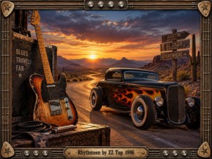 A flame-painted black hot rod rests beside a weathered electric guitar and amplifier on a winding desert highway at sunset. Fiery orange light washes rugged mesas, cacti, and vintage road signs, creating a gritty, restless blues-rock mood. An ornate guitar-inspired metal frame adds handcrafted texture and nostalgic character.
