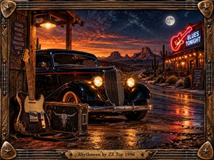 A glossy black hot rod and weathered electric guitar anchor a moonlit desert roadside, where glowing neon, wet pavement, distant mesas, and cactus silhouettes create a gritty blues-rock atmosphere. Warm amber reflections contrast with deep blue skies, while rugged wood, metal, and guitar-string framing adds handcrafted vintage character.