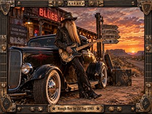 A bearded guitarist stands beside a gleaming black hot rod outside a weathered desert roadhouse at sunset. Fiery orange skies, distant mesas, neon signs, dusty luggage, and a winding highway create a rugged yet reflective mood. An ornate metal-and-guitar-string frame completes the richly detailed vintage rock composition.