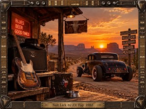 A weathered guitar and amplifier overlook a dusty desert road where a black hot rod rests beneath a blazing amber sunset. Rustic timber, neon glow, distant mesas, and Western signs create a gritty, nostalgic Texas atmosphere. The ornate guitar-string frame and brass plate reinforce the handcrafted rock-and-roll character.