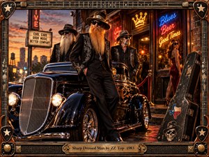 Three sharply dressed musicians pose beside a gleaming black hot rod outside a neon-lit blues club, projecting swagger, confidence, and nocturnal cool. Warm amber sunset, electric red and blue signs, polished chrome, embroidered suits, and a weathered guitar case create a richly cinematic, handcrafted rock-and-roll atmosphere.
