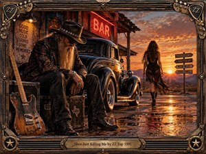 A brooding bearded musician rests beside a weathered guitar and gleaming vintage car outside a neon desert bar as a mysterious woman walks toward a fiery sunset. Warm amber light, wet reflections, rugged textures, ornate metal framing, and cinematic realism create a melancholy, dangerous Southern rock atmosphere.