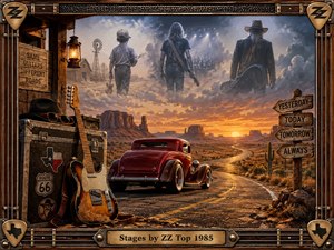 A weathered guitar and vintage hot rod overlook a winding desert highway beneath a fiery sunset, while ghostly figures above suggest changing stages of life and music. Warm amber, rust, and smoky blue tones create a reflective Western atmosphere, framed by rugged wood, metal, guitar strings, and Texas details.