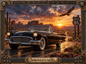 A glossy black Thunderbird dominates a desert highway at sunset, surrounded by rugged mesas, towering cacti, and a soaring bird beneath fiery orange and purple clouds. Warm reflections shimmer across chrome and pavement, creating a nostalgic, adventurous mood. An ornate guitar-inspired metal frame reinforces the handcrafted rock aesthetic.