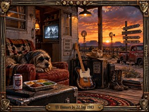 A shaggy sunglasses-wearing dog lounges beside a television dinner in a weathered desert trailer at sunset. Warm orange light fills the rustic scene, illuminating an electric guitar, cowboy boots, old pickup, windmills, and vintage furnishings. Detailed retro realism and a guitar-inspired metal frame create a playful, dusty rock-and-roll atmosphere.