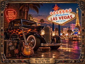 A flame-painted black hot rod dominates a neon-lit Las Vegas night, framed by palm trees, glowing casinos, wet pavement, and the famous roadside sign. A weathered electric guitar, cowboy hat, travel case, and dice add gritty rock character, while ornate metallic guitar-themed borders create a richly nostalgic, handcrafted atmosphere.
