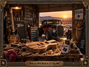A richly detailed Texas garage glows with amber sunset light, framing a flame-painted hot rod against a desert horizon. A carved wooden guitar body, curling shavings, tools, sunglasses, and bandana fill the foreground, while guitars and rugged memorabilia create a playful, earthy, handcrafted rock-and-roll atmosphere.